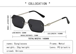 Detaillierte Größentabelle für Unisex-Achteck-Sonnenbrille mit Metallrahmen und Maßen