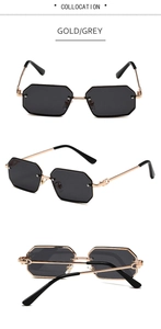 Makrodetail der goldenen Polygon-Sonnenbrille mit grauen Gläsern und C-Scharnier-Dekor