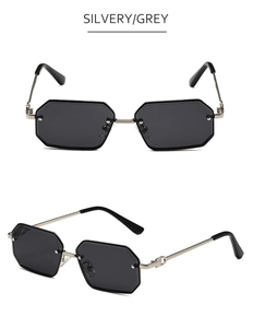 Detailansicht der silbernen Sechseck-Sonnenbrille mit grauen Gläsern und Metallrahmen