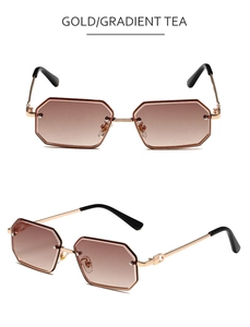 Detailansicht der polygonalen Sonnenbrille mit Goldrahmen und Teeglasverlauf