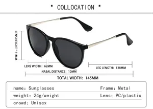 Detailed size chart for retro pilot sunglasses showing lens width and metal frame dimensions