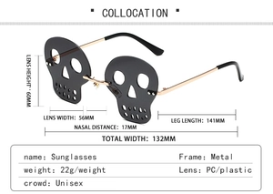 Detailed dimensions of rimless skull sunglasses with gold metal temples and PC lenses