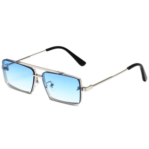 Fashionable square metal sunglasses with silver double bridge and blue gradient lenses