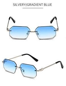 Detailansicht der silbernen achteckigen Sonnenbrille mit blau verlaufenden Gläsern