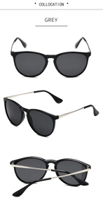 Three-angle view of retro aviator sunglasses with grey lenses and silver metal temples