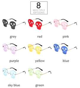 Close-up of rimless skull sunglasses in eight assorted colors with metal temples