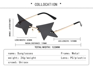Diagramme technique détaillé des lunettes de soleil en forme d'étoile sans monture