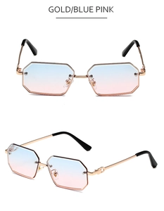 Seitenansicht der rahmenlosen Sechseck-Sonnenbrille in Gold mit blau-rosa Verlauf
