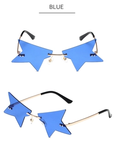 Vue de face et latérale des lunettes de soleil étoile sans monture avec verres bleus et métal doré