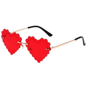 Fashionable heart-shaped red sunglasses with scalloped petal edges and gold metal frame