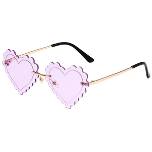 Purple heart-shaped rimless sunglasses with gold metal frame and scalloped lens edge