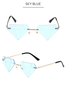 Occhiali da sole senza montatura a forma di diamante blu cielo con montatura in oro