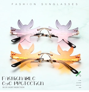 Close-up of frameless bat-shaped lenses with anti-blue light coating and gradient tints