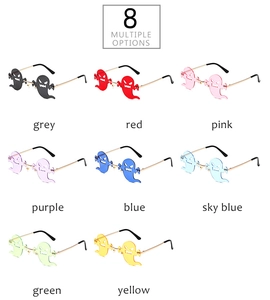 Ghost-shaped rimless sunglasses detail showing 8 multiple colors and metallic temples