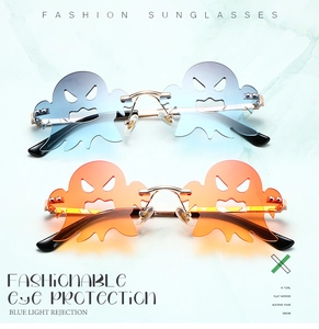 Randlose Sonnenbrille in Geisterform mit Farbverlauf in Blau und Orange und Metallbügeln