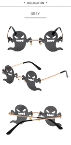 Multiple views of grey ghost-shaped rimless sunglasses with gold metal temples for parties