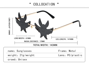 Detailed size specifications for bat-shaped rimless sunglasses with gold metal temples