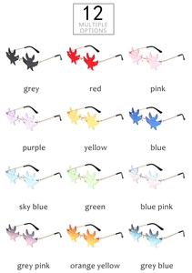 Matrix display of 12 color options for rimless bat-shaped fashion sunglasses with metal frames