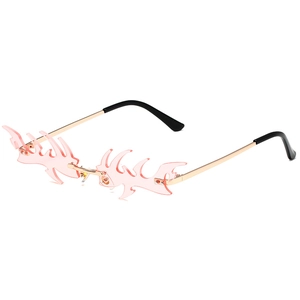 Lunettes de soleil sans monture en forme de flamme avec verres roses et branches dorées
