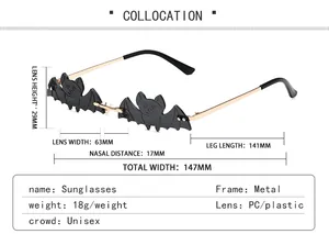 Detailed size chart for bat-shaped metal sunglasses with lens and frame measurements
