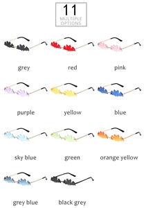 Detailed grid showing 11 colorful bat-shaped rimless sunglasses with gold metal temples