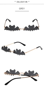 Three-angle views showing bat-shaped grey lenses and golden metal temples of the sunglasses