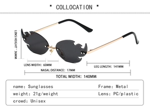Detailed dimension guide for flame-shaped rimless sunglasses with metal frame specs