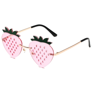Novelty pink strawberry shaped rimless sunglasses with green leaf accents and gold metal temples