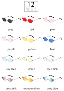Collection of flame-shaped rimless sunglasses in 12 vibrant colors with metal temples