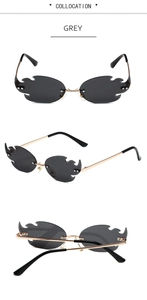 Detailed views of flame-shaped rimless sunglasses with grey lenses and gold metal frames