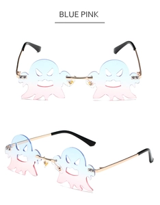 Geisterförmige randlose Sonnenbrille mit blau-rosa Verlaufsgläsern und Metallbügeln
