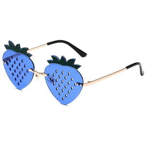 Fun strawberry-shaped sunglasses with blue lenses and golden metal frames for parties