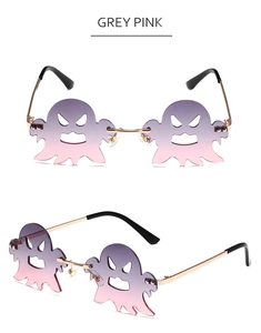 Randlose Sonnenbrille in Geisterform mit grau-rosa Verlaufsgläsern und goldenen Metallbügeln