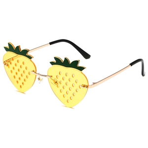 Funny strawberry shaped sunglasses with yellow lenses and golden metal frames for women