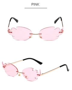 Pink flame shaped rimless sunglasses with gold metal temples and stylish detail shots