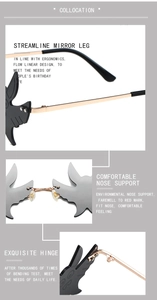 Detailed views of bat-wing sunglasses showing golden metal hinges and ergonomic nose pads