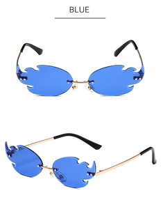 Detail of blue flame-shaped rimless sunglasses with gold metal frame and side view