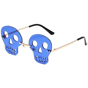 Frameless skull shaped sunglasses with blue lenses and gold metal frame for party