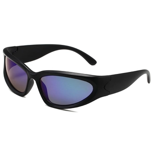 Steampunk sports sunglasses with matte black frames and blue-purple mirrored lenses
