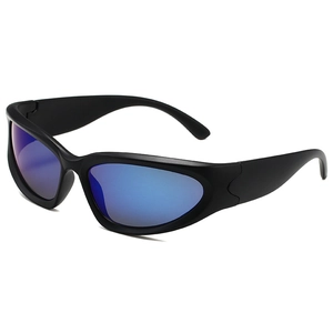 Matte black steampunk sport sunglasses with blue reflective mirror lenses and wrap design