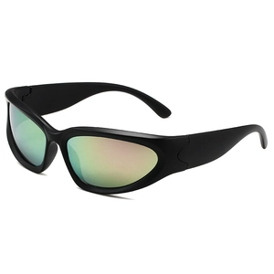 Steampunk sports sunglasses with matte black wrap frame and colorful gradient mirror lenses