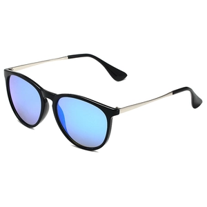 Retro aviator sunglasses with blue mirrored lenses and silver metal temples on black frame