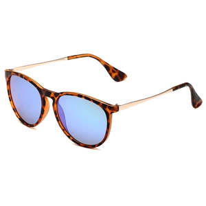 Retro leopard print aviator sunglasses with blue reflective lenses and metal temples