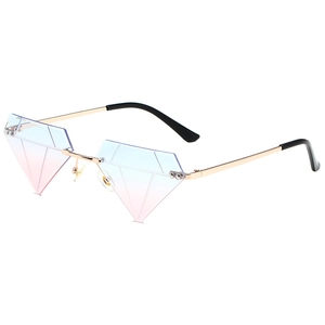 Occhiali da sole senza montatura con lenti sfumate blu-rosa e montatura dorata