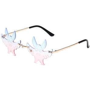 Trendy rimless bat shaped sunglasses with blue pink gradient lenses and gold metal frames