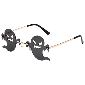 Ghost shaped rimless sunglasses with gold metal frame and black lenses for parties