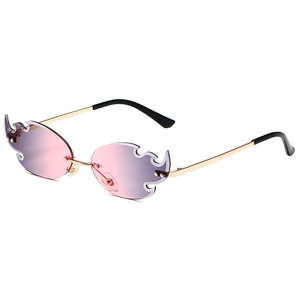 Frameless flame-shaped sunglasses with pink-purple gradient lenses and gold metal frame