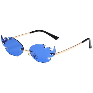 Blue flame shaped rimless sunglasses with gold metal frame for parties and fashion