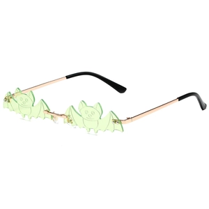 Bat shaped sunglasses with green lenses and gold metal frame for Halloween party fashion