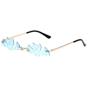 Stylish blue bat-shaped rimless sunglasses with gold metal frame for festivals